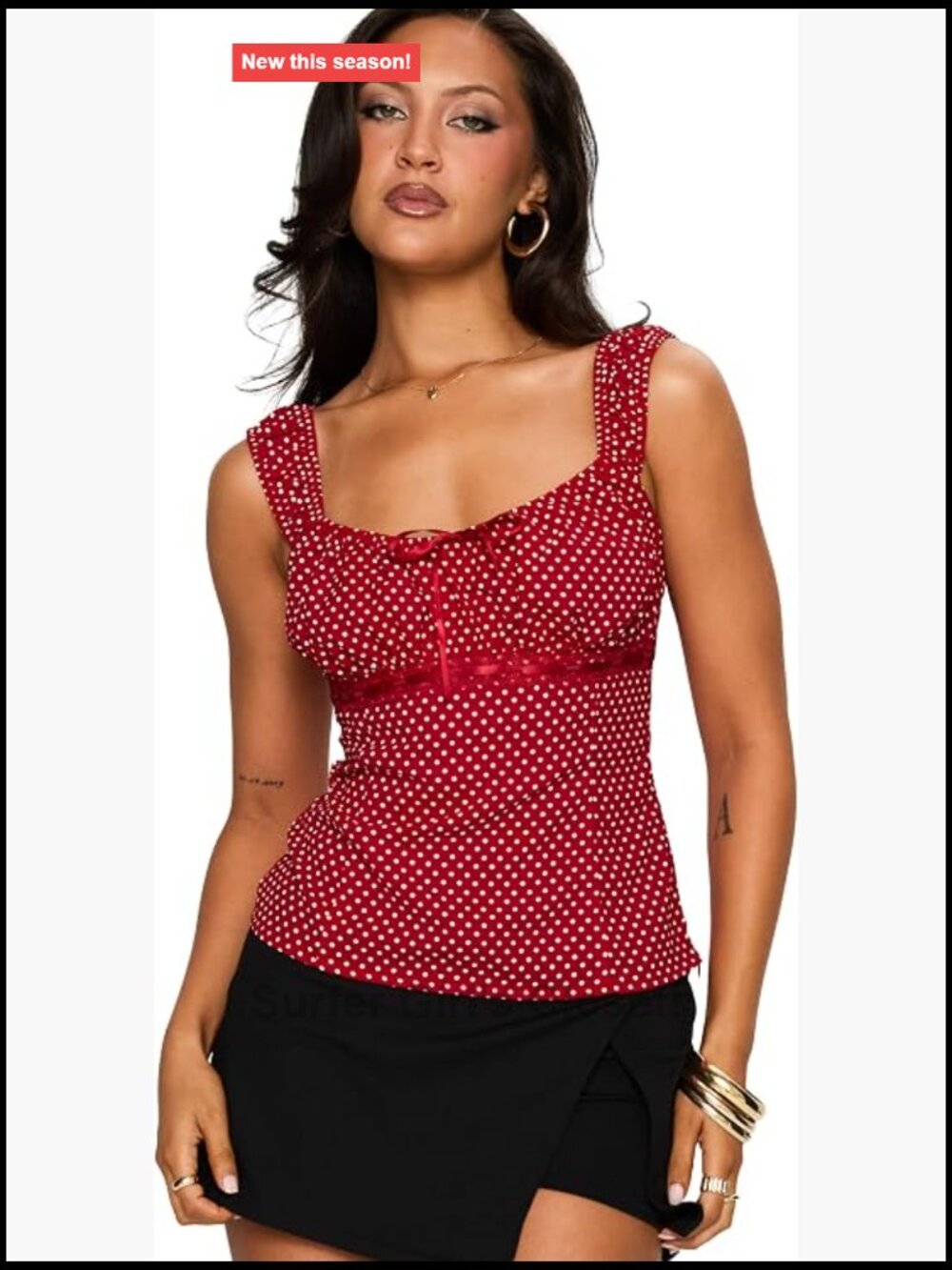 Polka Dot Tie Front Square Neck Tank Top Non-Stretch Polyester Sleeveless